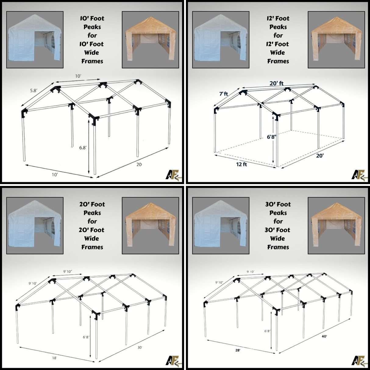 A four-panel size guide showing different pop-up canopy tent models with labeled dimensions and peak heights: 10' foot, 12' foot, 20' foot, and 30' foot wide frames, each with a small inset photo of the assembled tent.