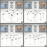 A four-panel size guide showing different pop-up canopy tent models with labeled dimensions and peak heights: 10' foot, 12' foot, 20' foot, and 30' foot wide frames, each with a small inset photo of the assembled tent.