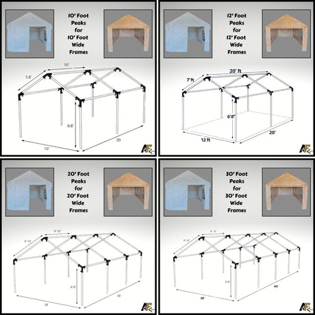 A four-panel size guide showing different pop-up canopy tent models with labeled dimensions and peak heights: 10' foot, 12' foot, 20' foot, and 30' foot wide frames, each with a small inset photo of the assembled tent.